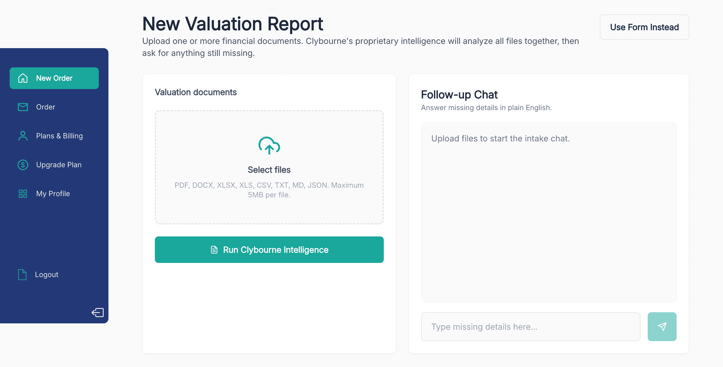 Upload financial documents to start a new valuation report